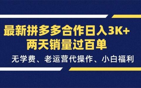 最新拼多多合作日入3k 两天销量过百单，无学费、老运营代操作、小白福利